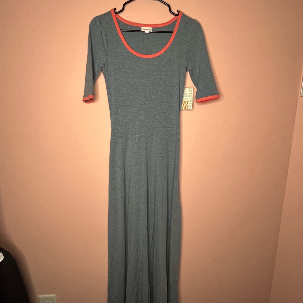 NWT LuLaRoe Ana Gray Maxi Dress with Coral Trim